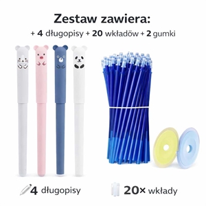 Zestaw Długopis 4szt+ Wkładów 20szt + Gumki 2szt