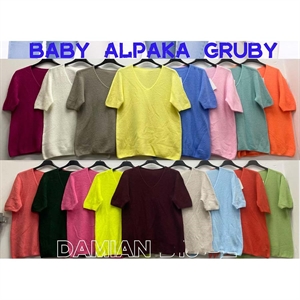 Sweter gruby damski z alpaki z krótkim rękawem