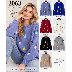 Sweter damski okrągły w kwiaty
