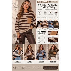 Sweter damski okrągły w paski z kieszonką