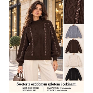 Sweter damski z ozdobnym splotem i cekinami