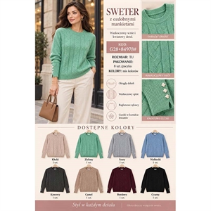 Sweter damski okrągły z ozdobnymi mankietami